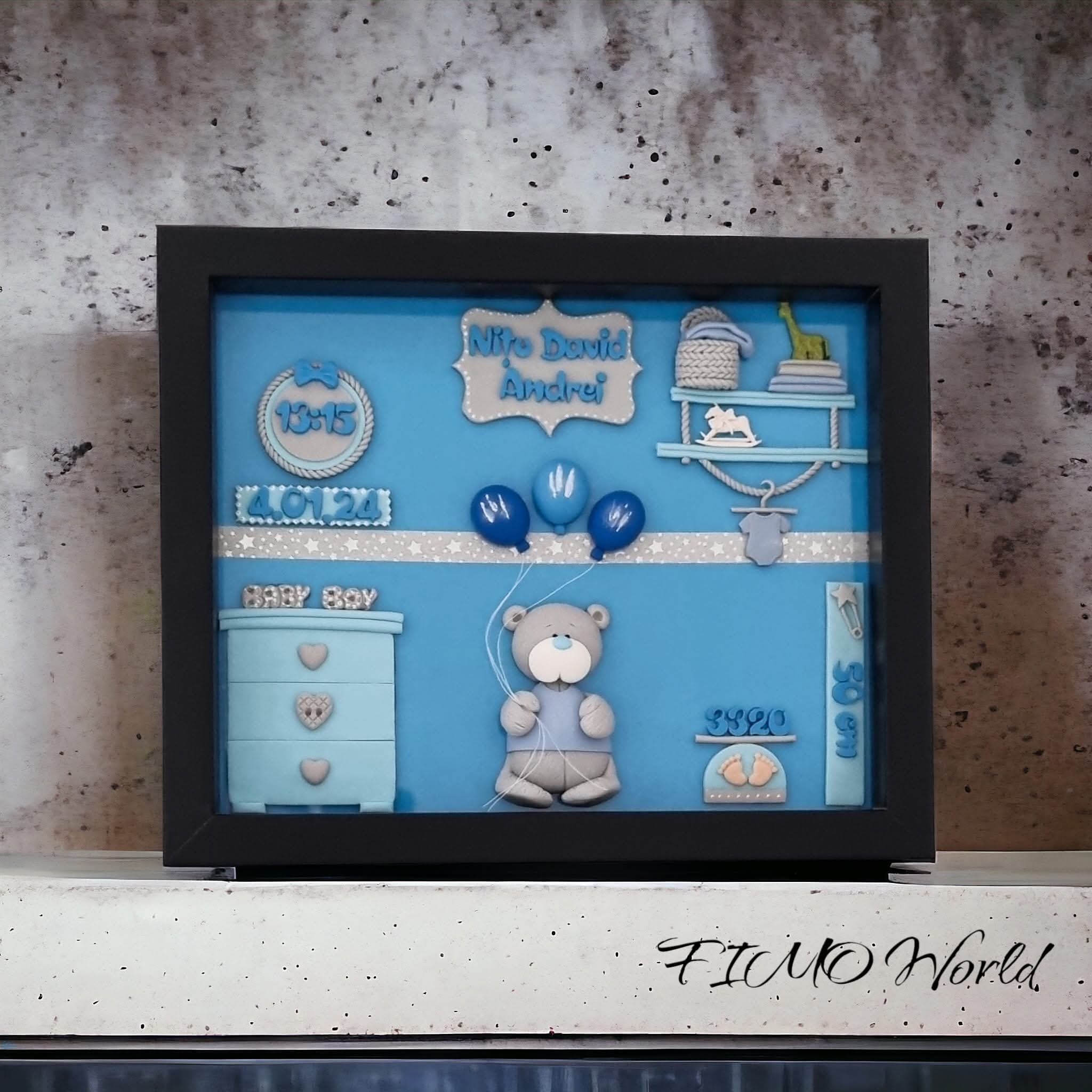 Tablou personalizat, handmade, cu decor 3D din lut polimeric (FIMO), ramă neagră, (băiețel)